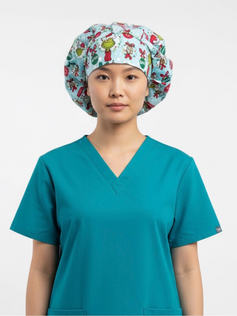 GRINCH CHRISTMAS BOUFFANT SCRUB CAP LIGHT BLUE HOLIDAY PRINT